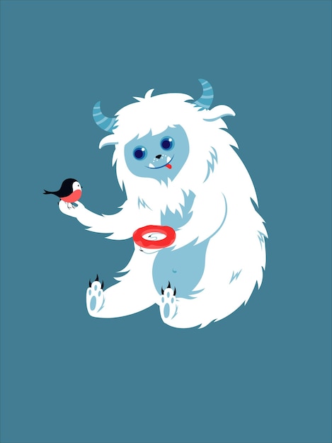 Vector concept cute yeti with a bird this illustration showcases a charming scene featuring a friendly yeti