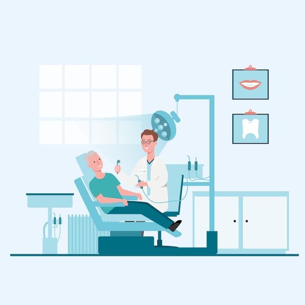 Concept dentist doctor and nurse standing in hospital room with dental tools