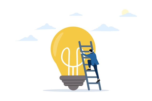 concept of developing idea for career growth with Businessman climbing ladder to stand on lamp