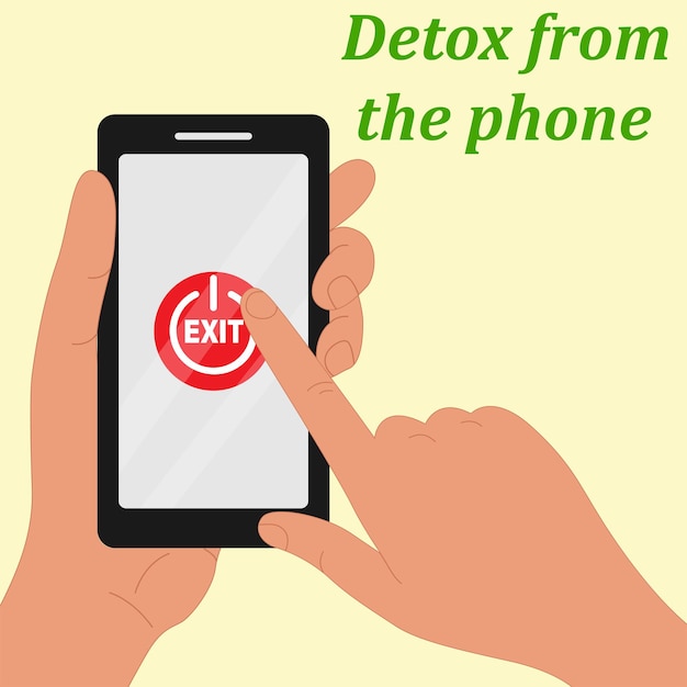 The concept of digital detox The hand holds the mobile phone the finger presses the exit button