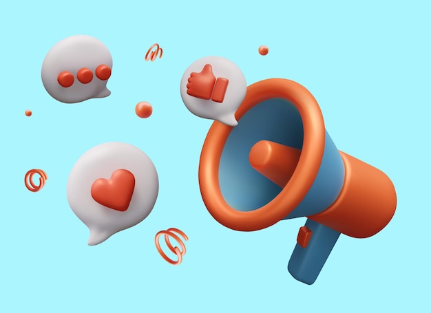 Concept of digital marketing advertising in social networks 3D megaphone like comment