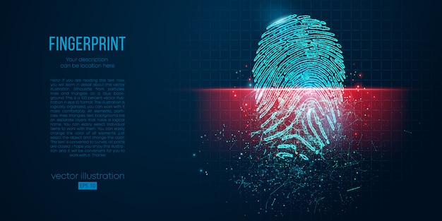 Concept of digital security, electronic fingerprint on scanning screen. Low poly wire outline geometric . Particles, lines and triangles on blue background. Neon light.