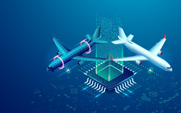 Concept of digital twin or aviation technology graphic of microchip with airplane and futuristic element