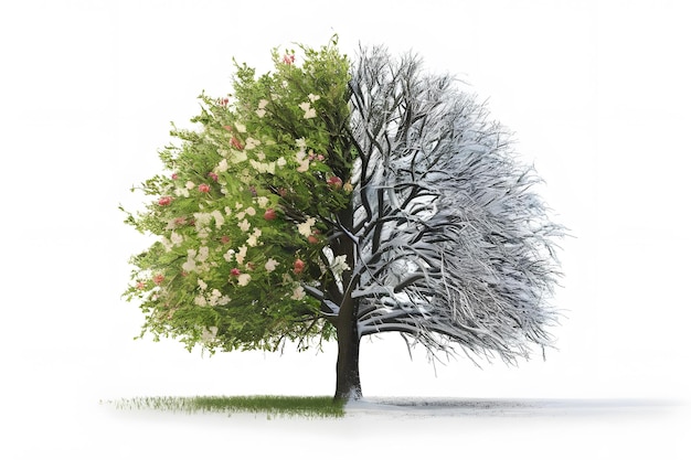 Concept of doubleness One part of tree is snowy and the second is deciduous on a white background