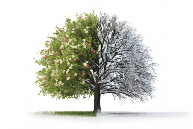 Vector concept of doubleness one part of tree is snowy and the second is deciduous on a white background