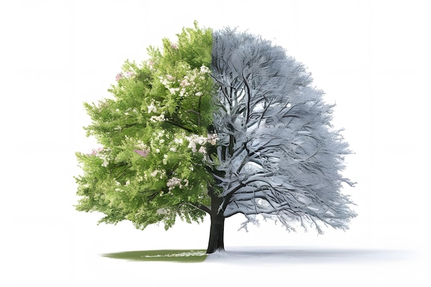 Concept of doubleness One part of tree is snowy and the second is deciduous on a white background