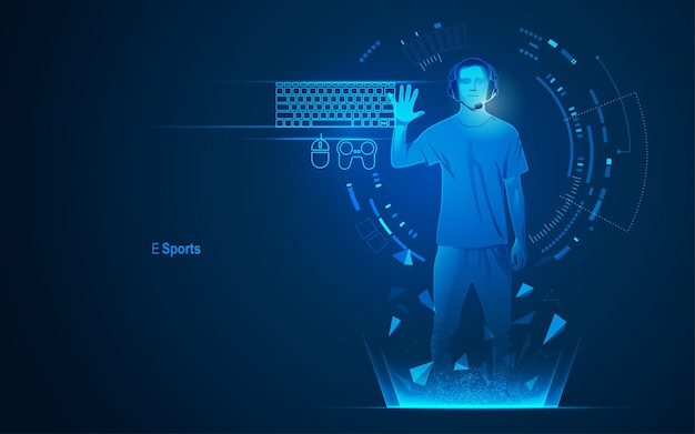 Concept of e sport technology, graphic of a teenager as a gamer with futuristic element