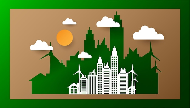 Concept of eco and green city with building paper cut design. save the world