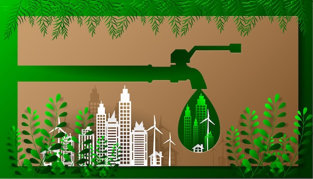 Concept of eco and green city with building paper cut design. save the world