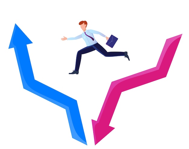 The concept of economic recovery Businessman jumping from the red arrow falling down to the blue arrow going up Savings and investment financial plan stock market outflow and recovery