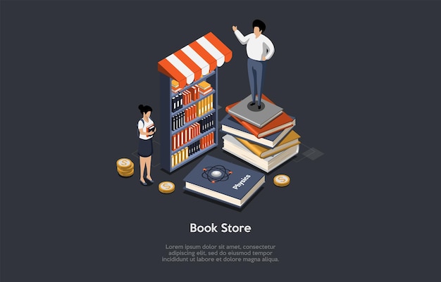 Vector concept of education book store or public library with bookcase man buy book standing on stack of books bookstore interior with bookshelf and characters isometric 3d cartoon vector illustration