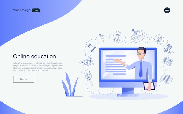 Concept of education for online learning, training and courses. Landing page template.