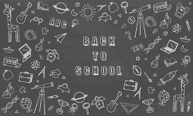 Concept of education School chalkboard with different stuff Welcome back to school design vector