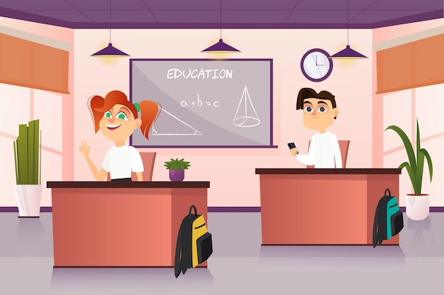 Concept Education with people scene in the background cartoon design Girl and boy are sitting