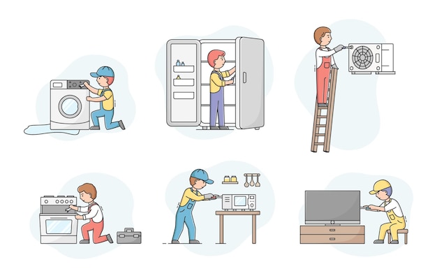 Concept Of Electric Appliances Service. Set Of Professional Workers Repairmen In Uniform, Fixing Devices. Characters Repair Broken Kitchen Appliances. 