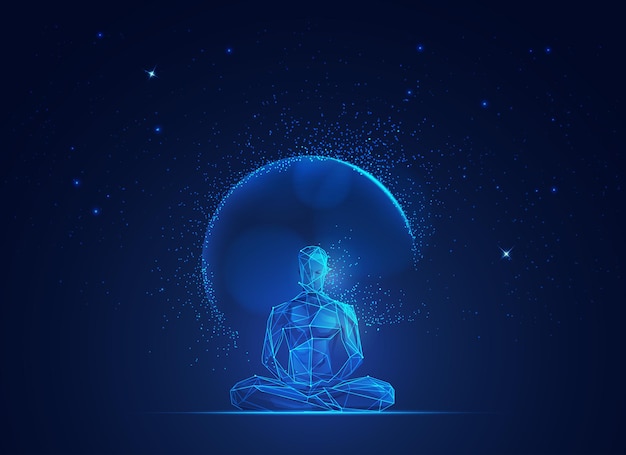 Concept of enlightenment mind, graphic of wireframe man meditating with outer space background