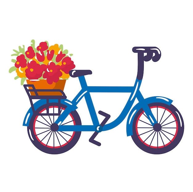 Concept european bicycle icon with basket flower trunk city bike bouquet floret cartoon vector illus...