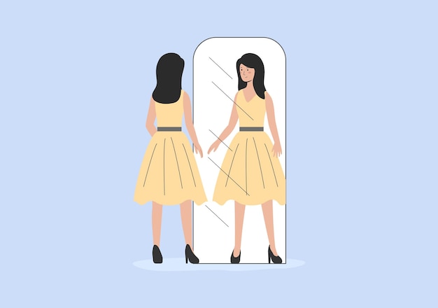 Concept Of Fashion Sale And Shopping Woman In Fashion Boutique Happy Smiling Female Character Is Looking In The Mirror Choosing New Dress And Shoes For Herself Cartoon Flat Vector illustration