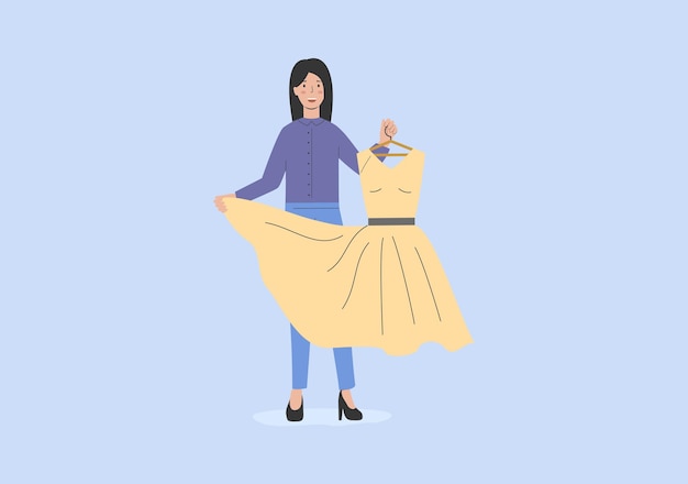 Concept Of Fashion Sale And Shopping Woman Sales Consultant In Fashion Boutique Shows New Collection Happy Smiling Female Character Choosing New Dress For Herself Cartoon Flat Vector illustration