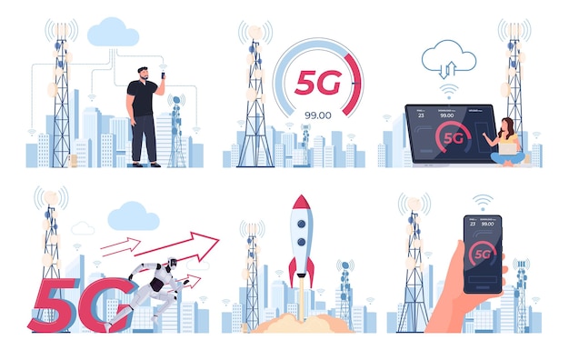 The concept of fast 5G internet connection A fast and convenient way to transfer data People use fast internet