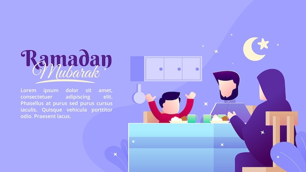 The concept of a flat illustration about dinner with family on the night of the month of Ramadan