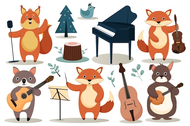 Concept Forest animals This flat cartoon design showcases a set of cute and adorable forest animals