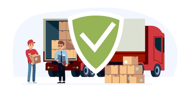 Vector concept of freight insurance export transportation transport safety and logistics cardboard boxes in truck loader and driver delivery and shipping vector cartoon flat illustration