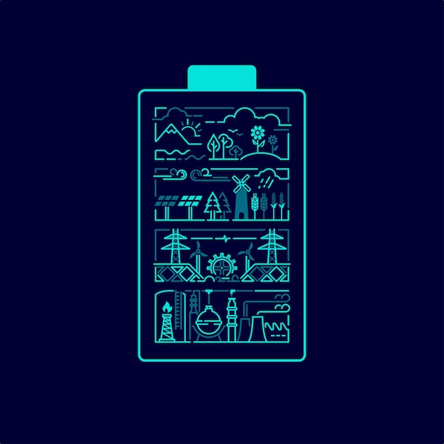 Concept of green energy or environment protection, graphic of battery shape with industry and nature