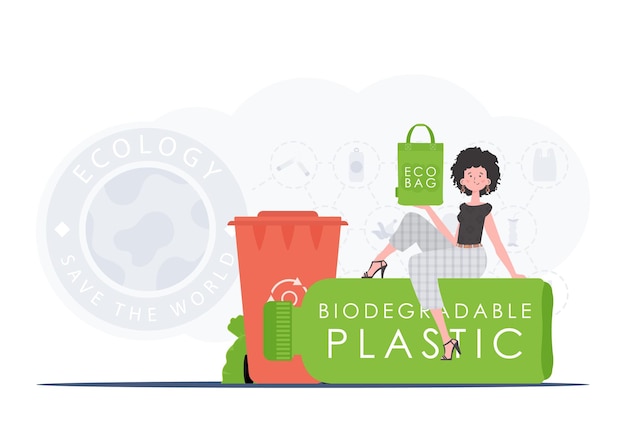 Concept of green world and ecology The girl sits on a bottle with biodegradable plastic and holds an ECO BAG in her hands Trend styleVector illustration