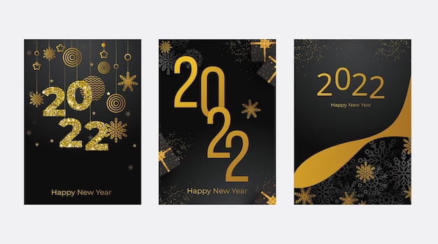 Concept of Happy New Year posters set Design templates on dark background with black and gold snowf