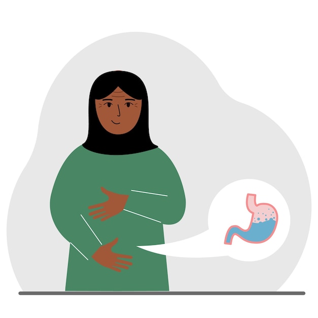 The concept of a healthy stomach The arab woman holds her stomach with both hands A healthy stomach or proper digestion