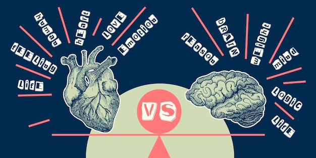 Concept heart VS brain Vintage design collage poster Mental health and emotional wellbeing symbols Mindheart balance hand drawn graphic art Half tone and sketch doodle style Vector illustration