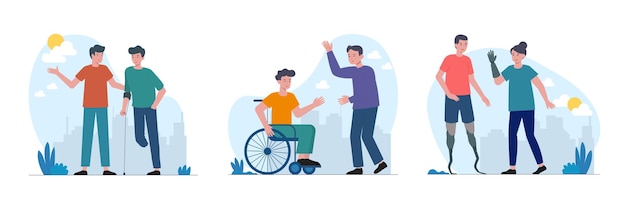 Concept of helping and recovering people with special needs Male communicate with man on wheelchair Man with prosthetic legs talk to lady with prosthetic arm Patient without leg walking outside