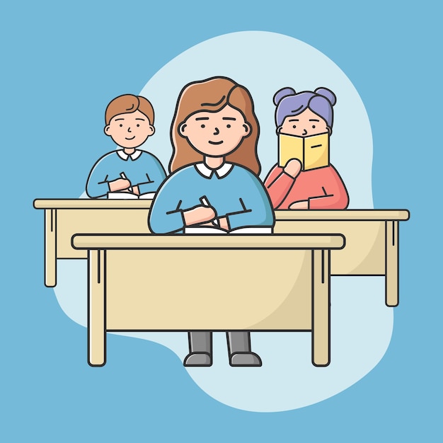 Concept Of High School Education. Students Teens Are Sitting On Lecture In Classroom. Pupils Boys And Girls Sitting At Desks And Making Notes. Cartoon Linear Outline Flat Style. Vector Illustration.