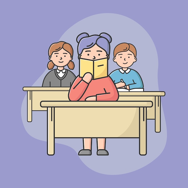 Concept Of High School Education. Students Teens Sitting On Lecture In Classroom. Pupils Boys And Girls Sitting At Desks And Listening Teacher. Cartoon Linear Outline Flat Style. Vector Illustration.