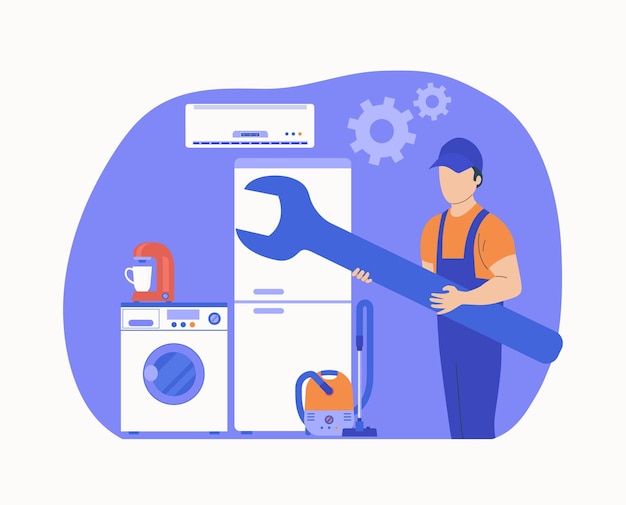 Concept for home appliances repair service
Worker with tools and various household appliances. Vecto