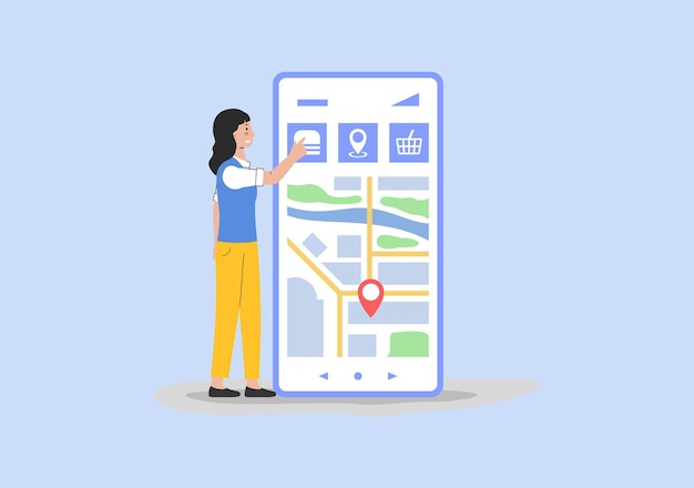 Concept Of Home And Office Food Delivery Mobile App For Food Delivery With Map For Courier Monitoring Female Character Ordering Food With Smartphone Cartoon Linear Outline Flat Vector Illustration