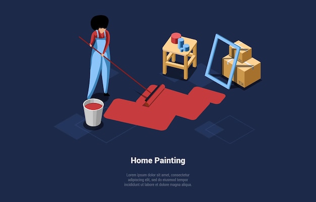 Concept Of Home Painting Professional Construction Work Character Making Renovation In House Craftsman With Roller In Hands Character Painting Floor With Roller Isometric 3d Vector Illustration