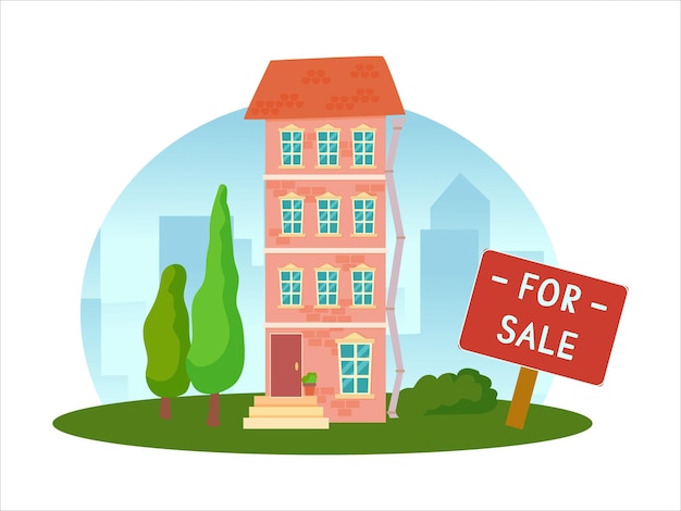 The concept of a house for sale Sale or rental of real estate House on a plot of land with surroundings and trees in a cartoon style Vector illustration isolated on white background