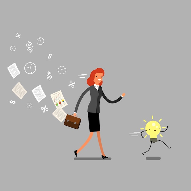 Concept of idea. Business woman running and try to catch idea. Flat design, vector illustration.