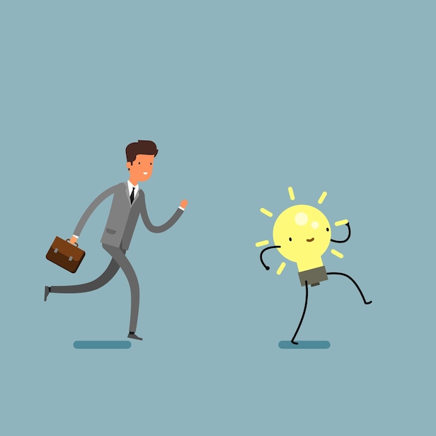 Concept of idea. Businessman running and try to catch idea. Flat design, vector illustration.