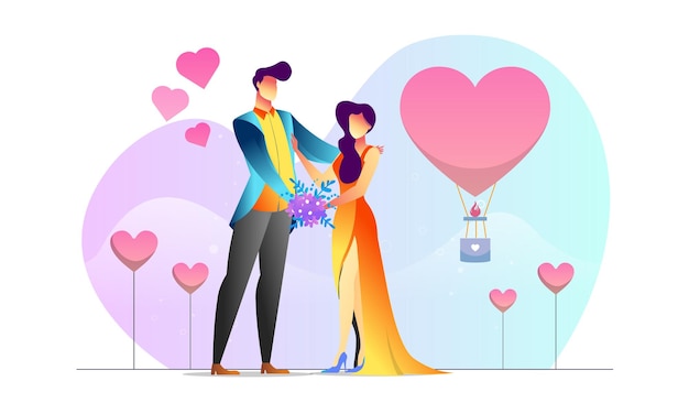 Concept illustrated couple in love anniversary romantic creative background