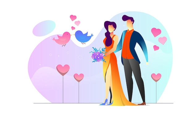 Concept illustrated couple in love  romantic lovebird creative background