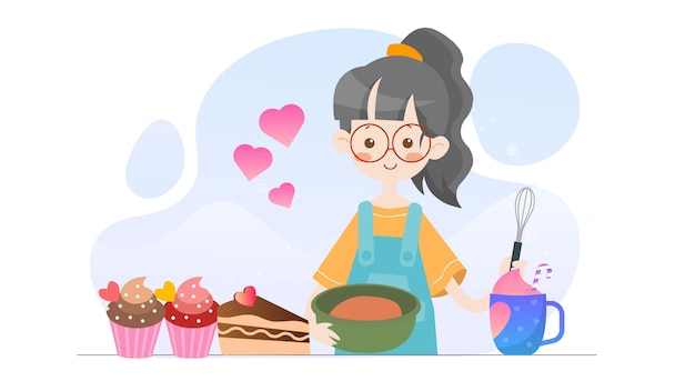 Concept Illustration Cute Girl Baking Bakery