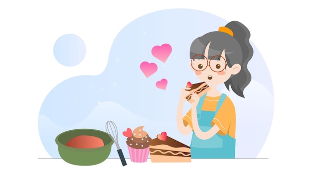 Concept Illustration Cute Girl Eating Cupcake Bakery