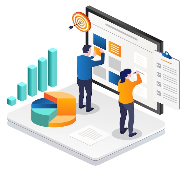 Concept illustration of isometric couple making plans on scrum board