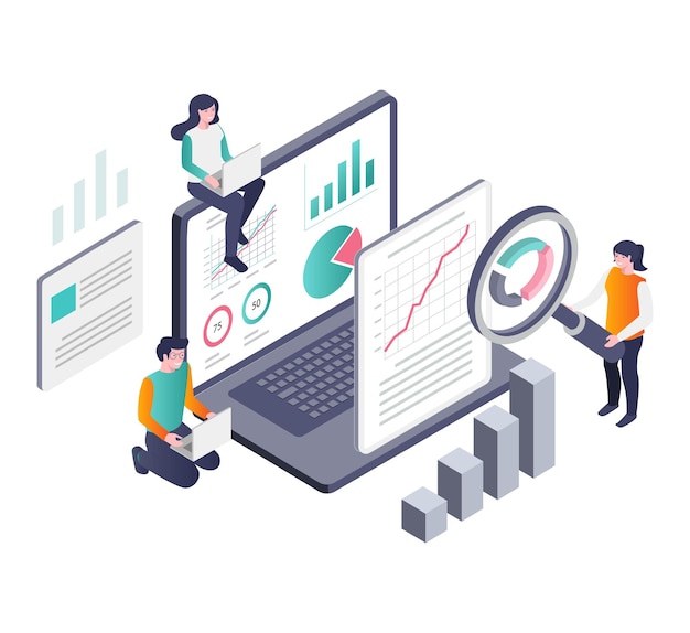 Concept illustration of isometric team collecting analyst data