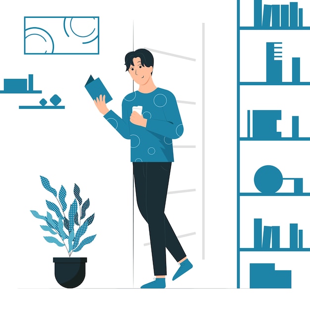 Vector concept illustration of a man reading a book while walking.