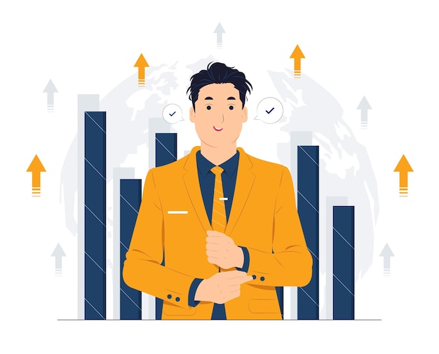 Concept illustration of Powerful Successful Young Business man with high self esteem and confidence dressed in stylish suit pointing himself with fingers proud and happy flat cartoon style