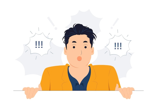 Concept illustration of Startled Shocked and speechless man witness something cover mouth with hands and looking at you gasping astounded with revelation hear stunning gossip flat cartoon style